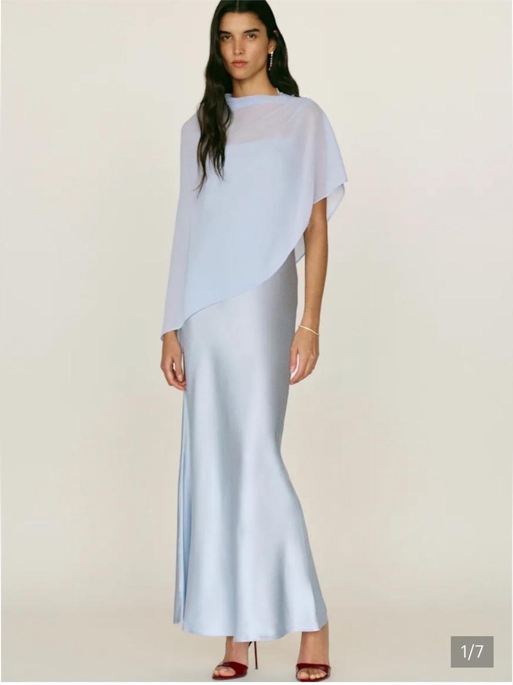 Reformation Elegant Light Blue silk Maxi Dress Sheer Cape Lilibeth Mineral XS